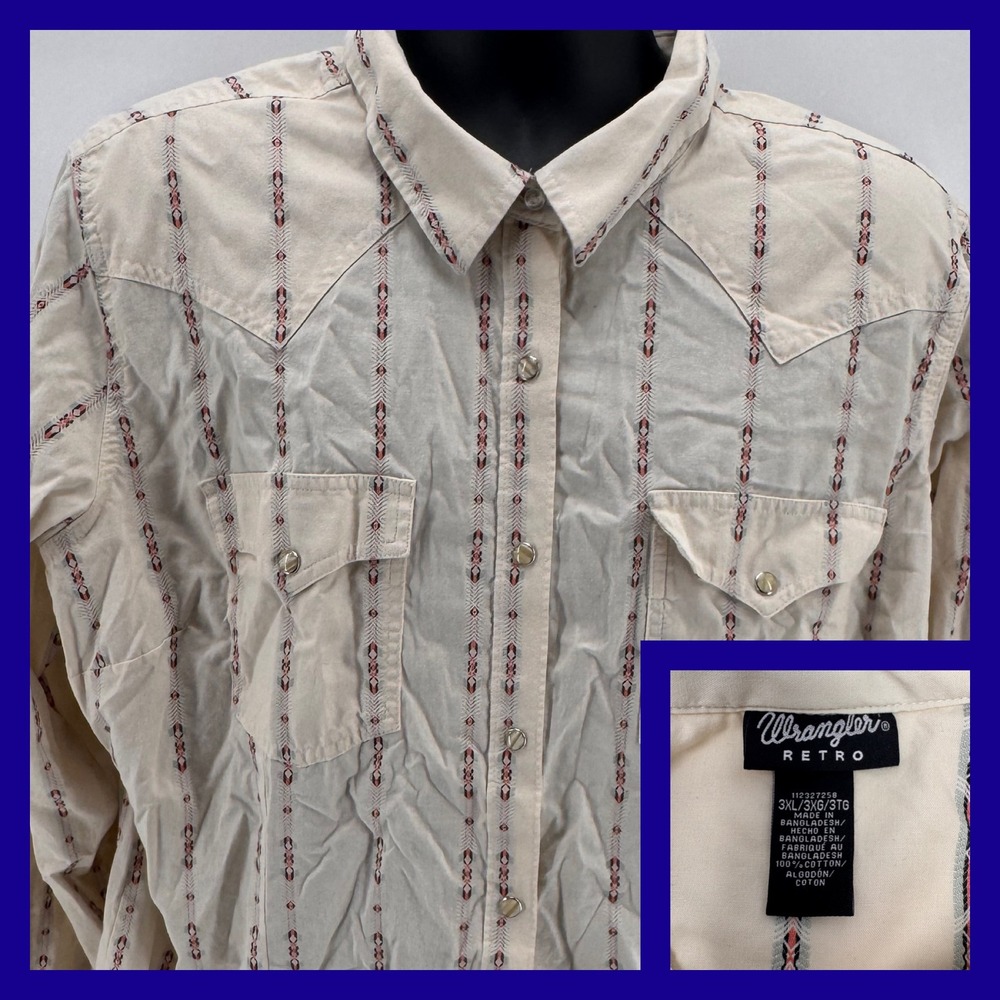 Wrangler Retro Beige Geometric‎ Print Western Pear Snap Button Shirt 3XL